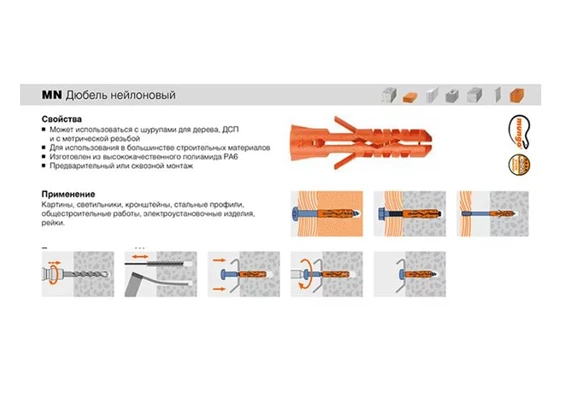 Дюбель нейлоновый Mungo MN-S (дюбель + шуруп с потайной головкой Pz) 6х30Применение