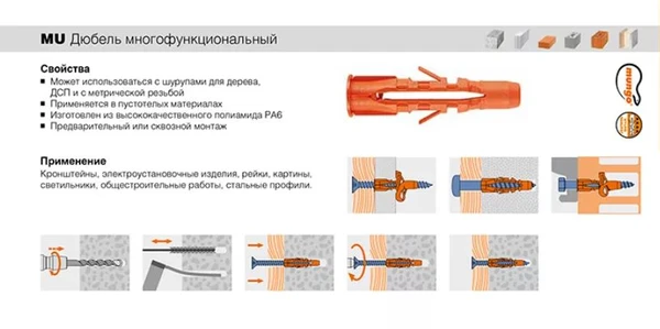 Дюбель нейлоновый Mungo MU-S (дюбель + шуруп) 10х60ммСхема