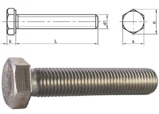 Болт DIN 933 20х80 с шестигранной головкой и полной резьбой, нержавеющий А-2Схема