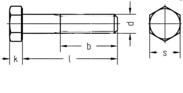 Болт шестигранный DIN 960 10х1,25х130 с мелкой неполной резьбой, класс прочности 10.9, оцинкованныйСхема
