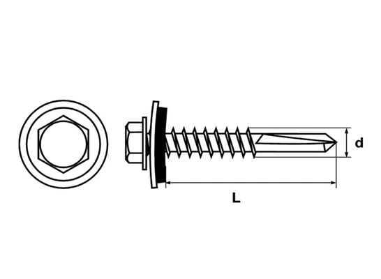 Саморез кровельный 5,5х38мм по металлу с увеличенным сверлом и шайбойСхема