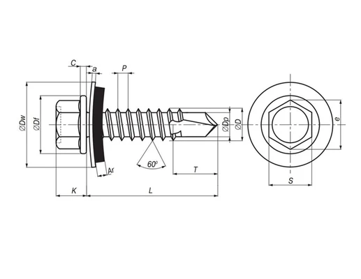 Саморез 6,3х60(64)мм кровельный по металлу со сверлом и шайбой, оцинкованная стальСхема