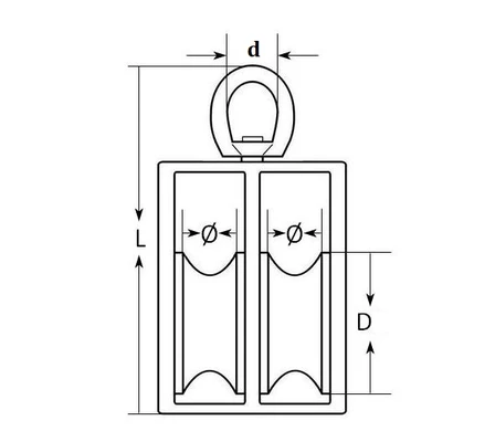 Блок 15мм двушкивный металлический (под канат D5 мм)Схема