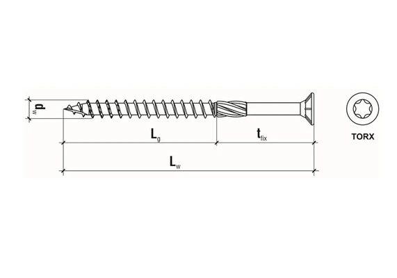 Конструкционный шуруп (саморез) с потайной головкой и шлицем TORX 5х70мм по дереву, желтый цинкСхема