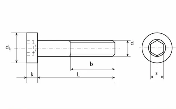 Болт (винт) DIN 912 с внутренним шестигранником и цилиндрической головкой 3х08 класс прочности 12.9, оксидированная стальСхема