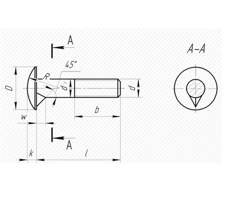 Мебельный болт ГОСТ 7801-81, 8х40 с полукруглой головкой и усом без покрытияСхема