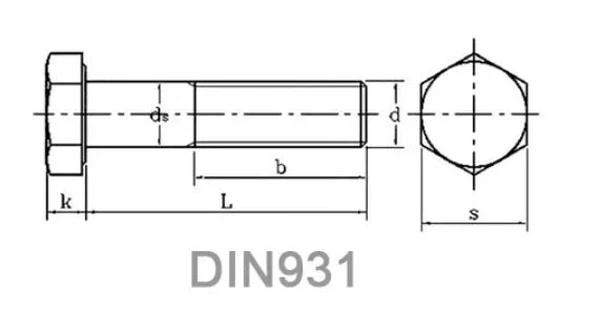 Болт DIN 931 24х70 с шестигранной головкой и неполной резьбой, класс прочности 8.8, без покрытияСхема