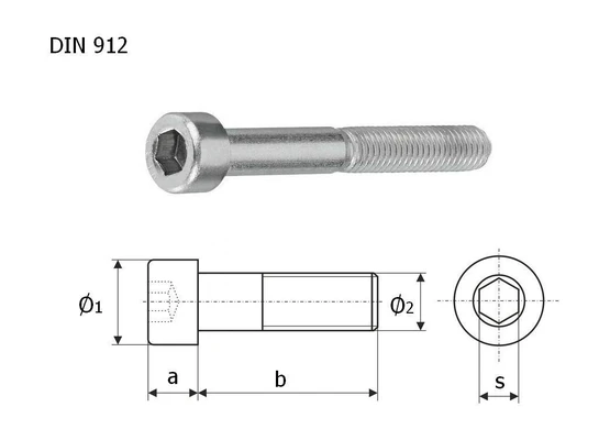 Болт (винт) DIN 912 с внутренним шестигранником и цилиндрической головкой 8х12 полная резьба, нержавеющая сталь А-2Схема