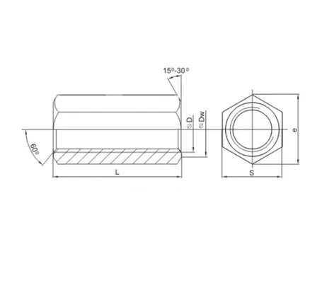Гайка DIN 6334 шестигранная удлинённая соединительная 10х30, оцинкованная стальСхема
