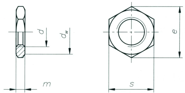 Гайка шестигранная DIN 936 низкая М20х1,5 мелкая резьба, сталь без покрытияСхема