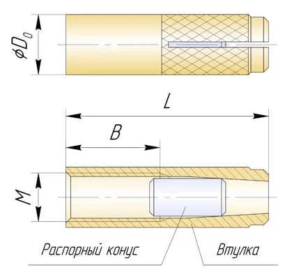 Анкер забивной (анкер-гильза) М10х40(35)мм, латуньСхема