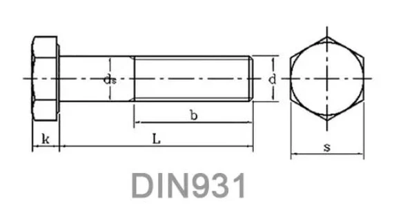 Болт DIN 931 12х80 с шестигранной головкой и неполной резьбой, класс прочности 8.8, оксидированная стальСхема