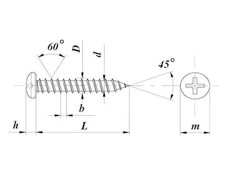 Шуруп (саморез) 3,5х9,5мм с полукруглой головкой DIN 7981 с крестообразным шлицем, нержавеющая сталь А-2Схема