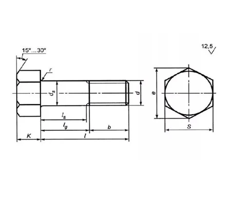 Болт высокопрочный ГОСТ 52644-06 с шестигранной головкой 24х120, класс прочности 10.9, без покрытияСхема