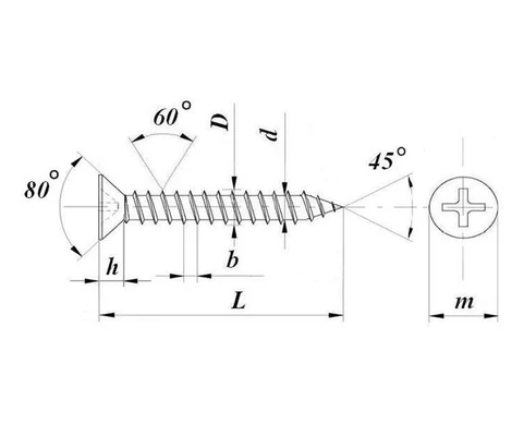 Шуруп (саморез) 4,8х45мм с потайной головкой DIN 7982 с крестообразным шлицем, оцинкованная стальСхема