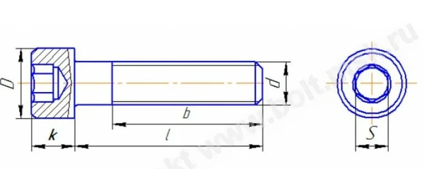 Болт (винт) DIN 912 с внутренним шестигранником и цилиндрической головкой 12х60 полная резьба кл. пр. 12.9, оксидированная стальСхема