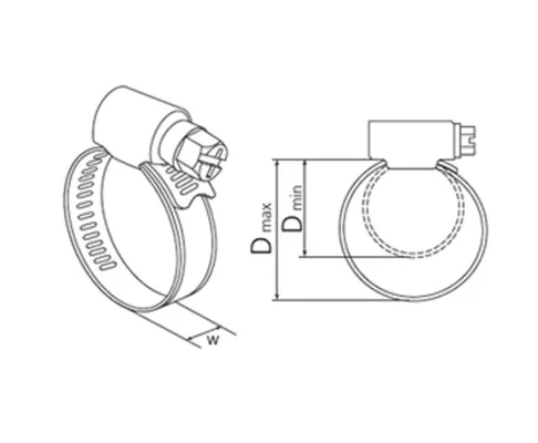 Хомут червячный 130х150мм W1, оцинкованная стальСхема